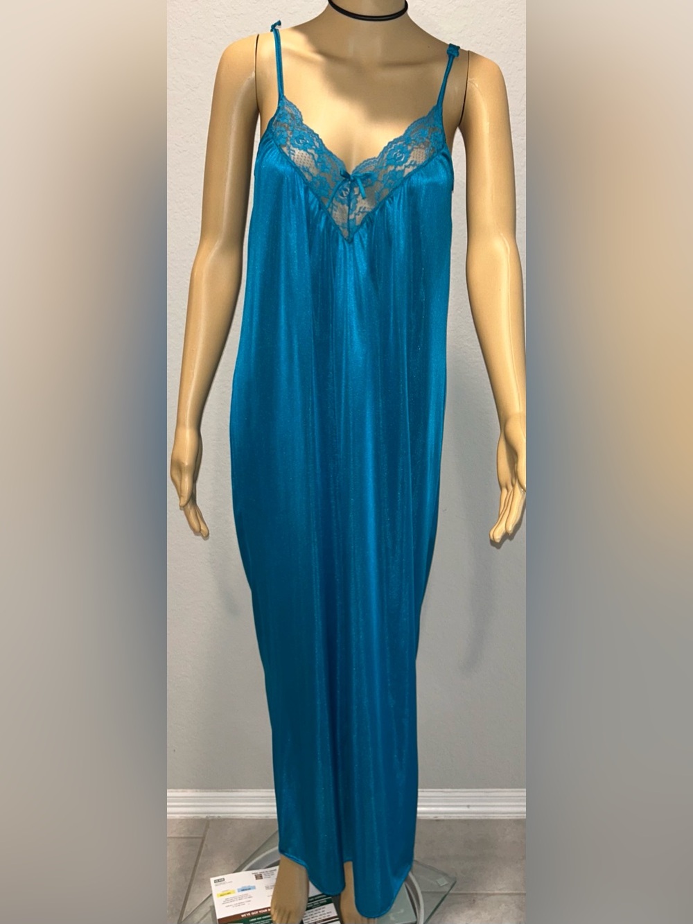 Lace-Trim Teal Slip Nightgown with Adjustable Straps